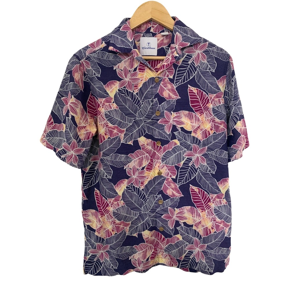 Caribbean Floral‎ Print Short Sleeve Button Up Shirt Women Size S Navy Aloha